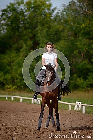 A girl rider trains riding a horse on a spring day Stock Photo