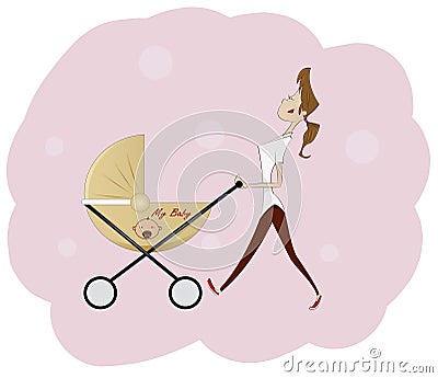 Portrait of beautiful young woman pushing baby carriage Vector Illustration