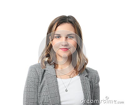 Portrait of beautiful young woman on white background Stock Photo