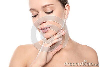 Portrait of beautiful young woman on white background. Lips contouring Stock Photo