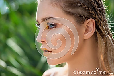 Portrait of beauty model with yellow creative makeup Stock Photo