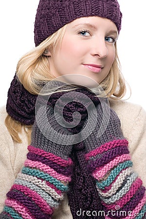 Portrait of a beauty young woman in a warm hat and Stock Photo