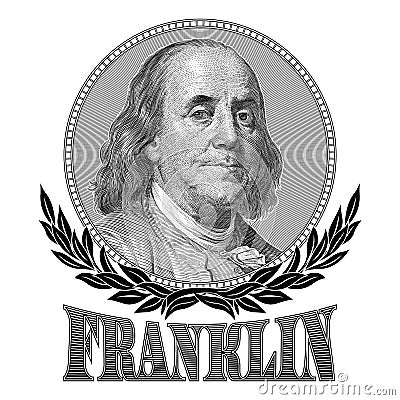 Portrait of Benjamin Franklin with laurel branches Vector Illustration