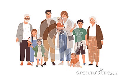 Portrait of big happy family with children, mother, father, grandfather and grandmother isolated on white background Vector Illustration