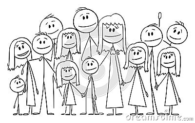 Portrait of Big Happy Family with Eleven Children, Vector Cartoon Stick Figure Illustration Vector Illustration