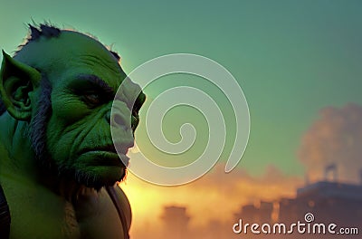 Portrait of a big, muscular green org. Portrait of a big, muscular green Orc. Portrait of terrifying green monster Stock Photo
