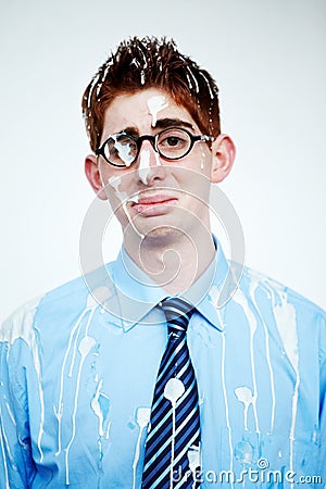 Portrait, bird poo and a business man in studio on a white background for an unlucky or misfortunate mishap. Sad Stock Photo
