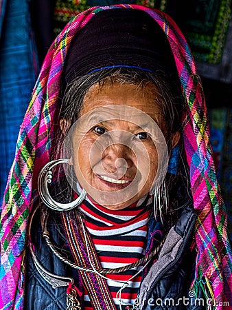 Portrait of Black Hmong Woman Wearing Traditional Attire, Sapa, Editorial Stock Photo