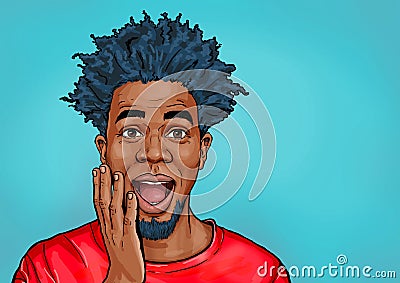 Portrait of black man says wow with open mouth to see something unexpected. Shocked guy with surprised expression. Stock Photo