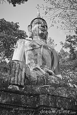 Portrait Black and White Front Right Meditation Buddha Statue in Forest Editorial Stock Photo