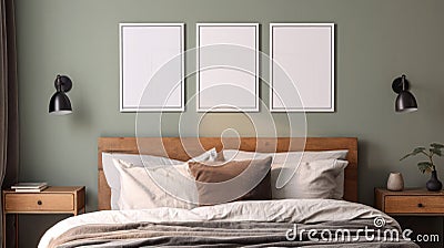 Portrait blank picture frame mockup on sage green wall. Grey linen and rusty muslin pillows on wooden bed. Generative AI Stock Photo