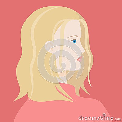 Portrait of a blond haired caucasian woman with blue eyes in pink sweter. The head of a European girl in profile. Social Media Vector Illustration