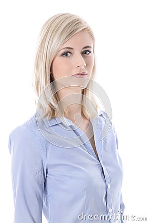 Portrait of a blond isolated young business woman in blue blouse Stock Photo