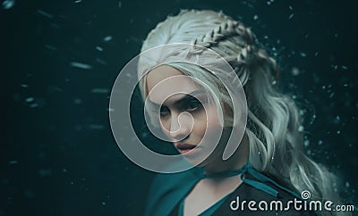 Portrait of a blonde girl close up. Background dark with flying snow, ash. White hair with creative braiding. Emotions Stock Photo