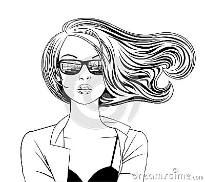 Portrait of a blonde girl in glasses with city reflection and with loose flowing hair Vector Illustration