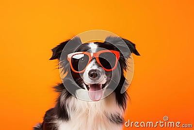 Portrait Border Collie Dog With Sunglasses Orange Background Stock Photo