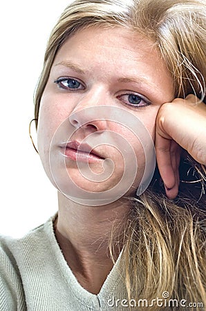 Portrait of a bored girl. Isolated over white Stock Photo