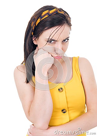 Portrait of bored woman looking at camera, isolated on white background Stock Photo