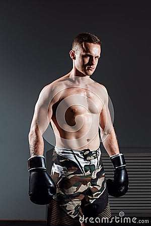 Portrait of boxer in Boxing gloves on gray background Stock Photo