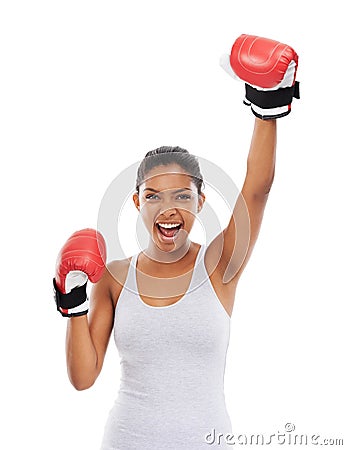 Portrait, boxer and celebration with woman, sports and exercise isolated on a white studio background. Face, person and Stock Photo