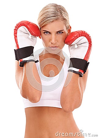 Portrait, boxer or woman in fitness training, workout or exercise in studio with motivation, pride or focus. Face Stock Photo