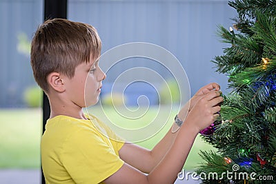 Portrait of a boy decorating Christmas tree Stock Photo