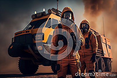 Portrait of the Brave Firefighter in gas mask Smiling on Camera. In the Background Firemen Rescue Team all terrain SUV. Stock Photo