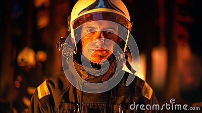 Portrait of a Brave Handsome Young Adult Firefighter in Safety Uniform and a Helmet with a Stock Photo