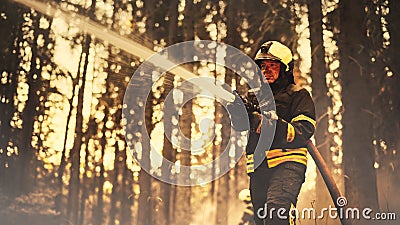 Portrait of a Brave Professional Firefighter Using a Firehose to Fight a Raging Dangerous Forest Stock Photo