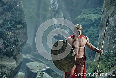 Spartan warrior in the woods Stock Photo