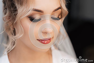 portrait of a bride in a beauty salon, beautiful blonde with hair and makeup in a veil. Stock Photo