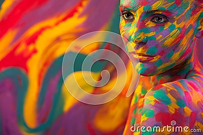 Portrait of the bright beautiful girl with brush, art colorful make-up face art and bodyart Stock Photo