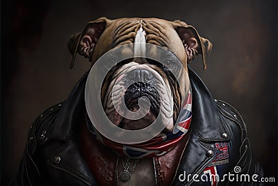 Portrait of a British Bulldog dressed as a biker. Stock Photo