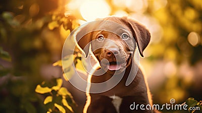 Portrait of brown cute Happy Labrador retriever puppy with sunset bokeh foliage abstract background. Adorable smile dog head shot Stock Photo