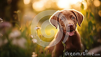 Portrait of brown cute Happy Labrador retriever puppy with sunset bokeh foliage abstract background. Adorable smile dog head shot Stock Photo