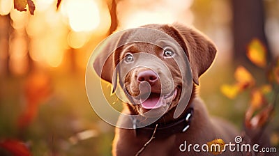 Portrait of brown cute Happy Labrador retriever puppy with sunset bokeh foliage abstract background. Adorable smile dog head shot Stock Photo