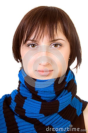 Portrait brown-eyed lady in a blue-black scarf. Stock Photo