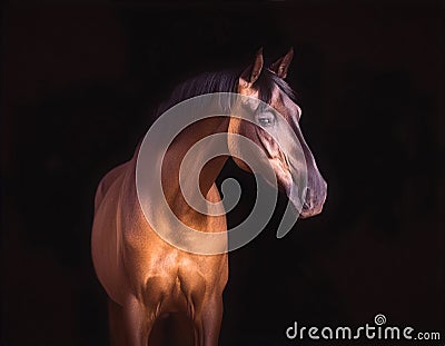 Portrait of brown horse on a black background Stock Photo