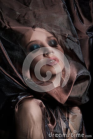 Portrait of a brunette woman through a transparent dark fabric. Beauty and makeup girl. There is no focus Stock Photo