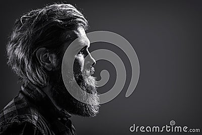 Portrait of brutal handsome male, black beard. Portrait brutal bearded man. Portrait of masculinity. Sexy look of male Stock Photo