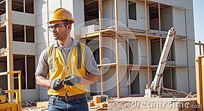 construction worker wearing safety gear while operating heavy machinery on residential site. Generative AI Stock Photo