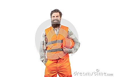 Portrait of a builder smiling. Worker in construction uniform. Man builders, industry. Builder in hard hat, foreman or Stock Photo