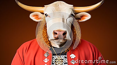 Portrait of a bull in a dress. Portrait of Bull dressed as Hip Hop king. Character Design. Stock Photo