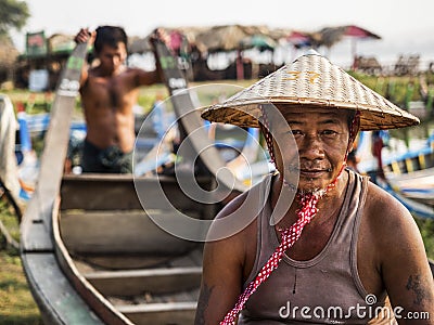 Portrait of Burmese Boatman in Amarapura, Mandalay, Myanmar Editorial Stock Photo