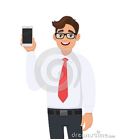 Portrait of business man showing a new brand, latest smartphone screen. Young man holding cell or mobile phone in hand. Vector Illustration