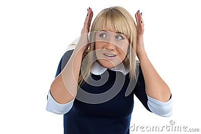 Portrait of business woman covered her ears Stock Photo