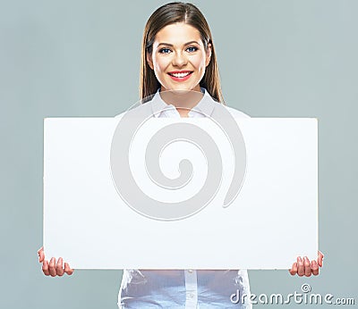 Portrait of business woman holding sign board. Stock Photo