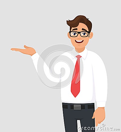 Portrait of businessman showing/pointing hand to copy space side away with open palm, concept of advertisement product, introduce. Vector Illustration