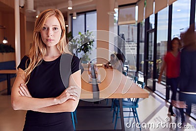 Portrait Of Businesswoman Standing In Busy Modern Open Plan Office With Colleagues In Background Stock Photo