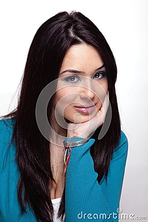 Portrait of calm cute woman over white Stock Photo